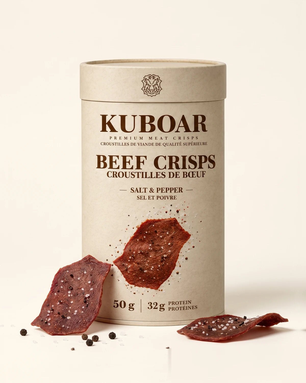 KUBOAR Beef Crisps, Salt & Pepper, 50 g kraft can with two crisps and black peppercorns