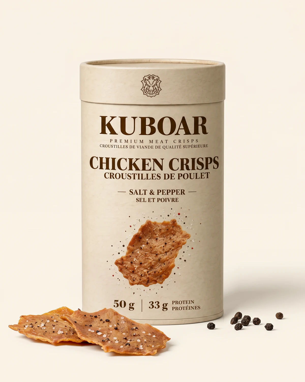 KUBOAR Chicken Crisps, Salt & Pepper, 50 g kraft can with two crisps and black peppercorns