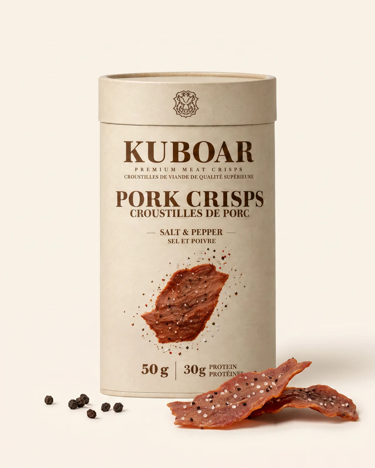 KUBOAR Pork Crisps, Salt & Pepper, 50 g kraft can with two crisps and black peppercorns
