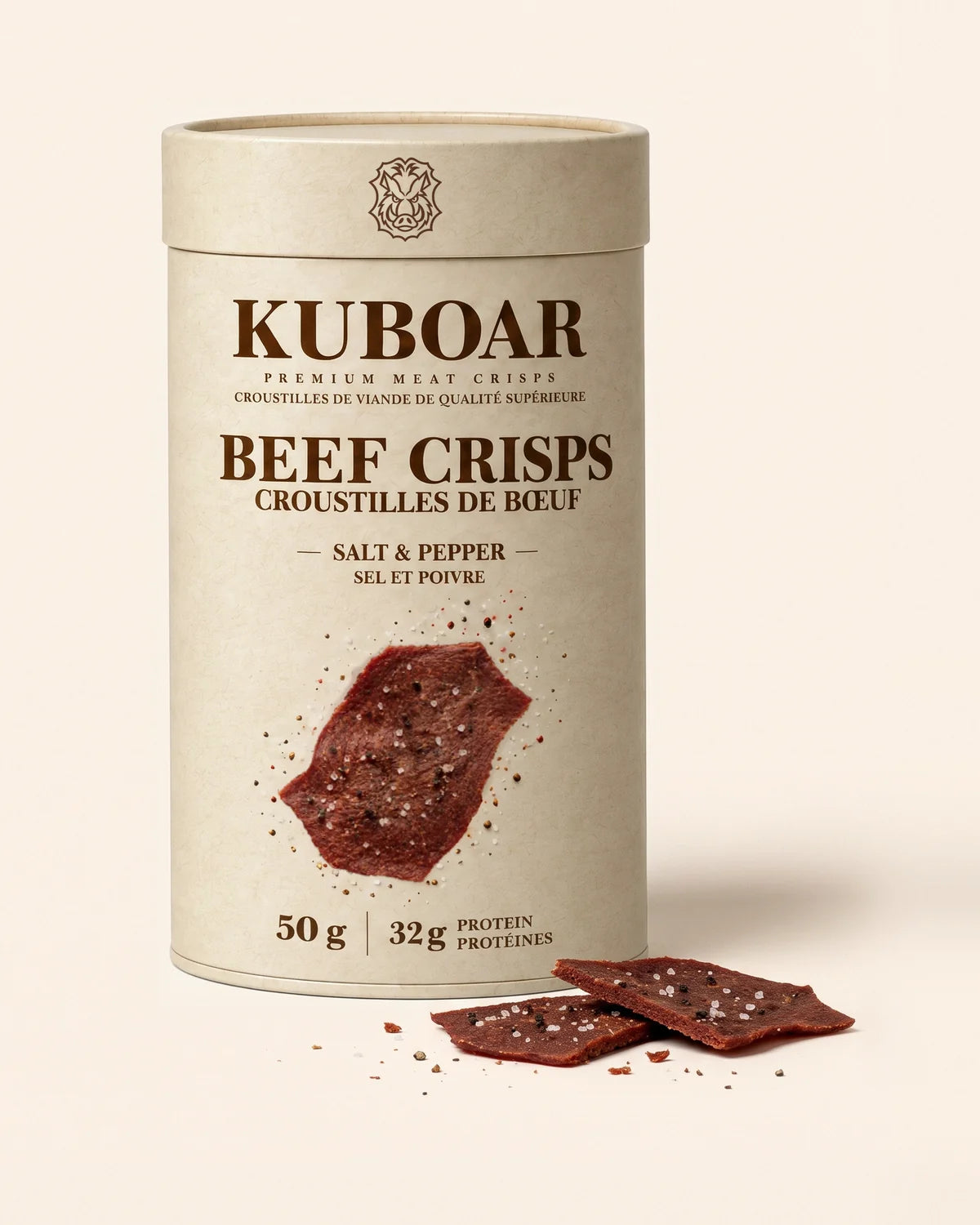 KUBOAR Beef Crisps, Salt & Pepper, 50 g kraft can with crisps beside it