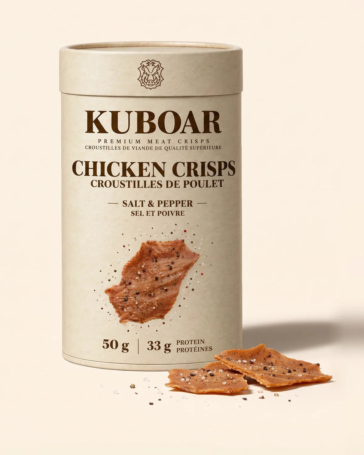 KUBOAR Chicken Crisps, Salt & Pepper, 50 g kraft can with crisps beside it