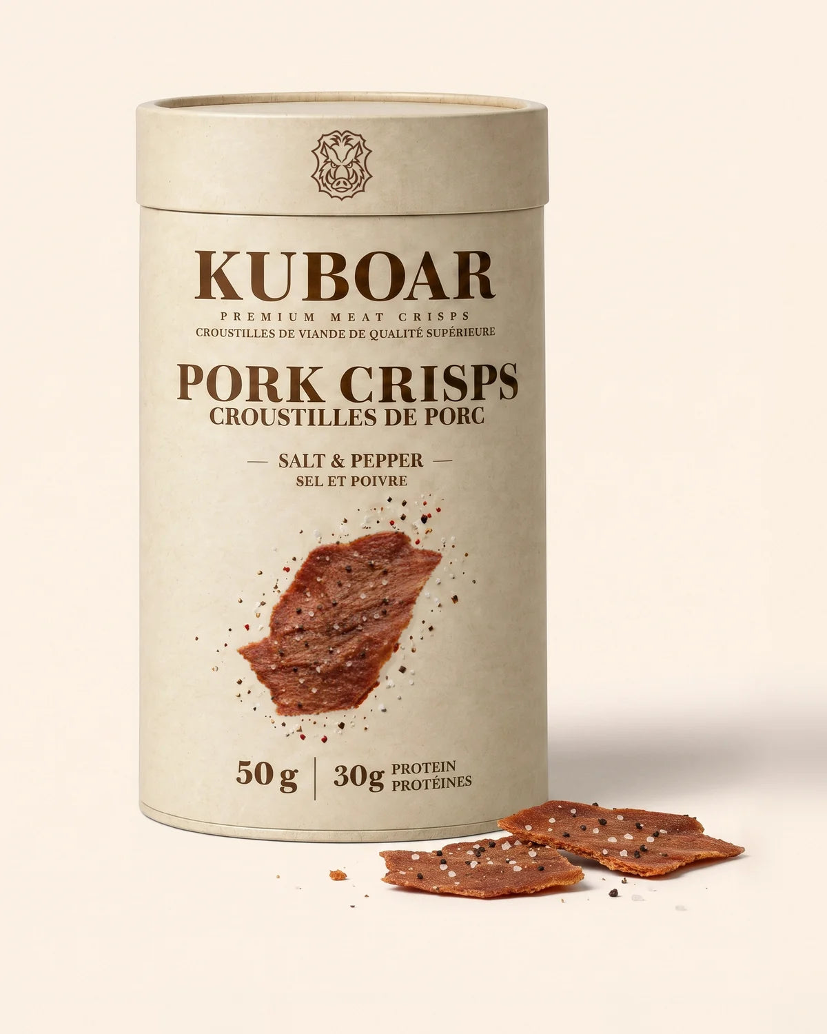 KUBOAR Pork Crisps, Salt & Pepper, 50 g kraft can with crisps beside it